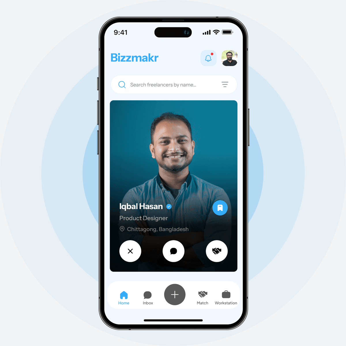 Bizzmakr app showing a freelancer profile card for Iqbal Hasan, Product Designer