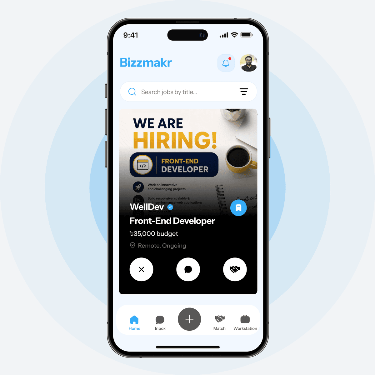 Bizzmakr app showing a job card for a Front-End Developer role at WellDev